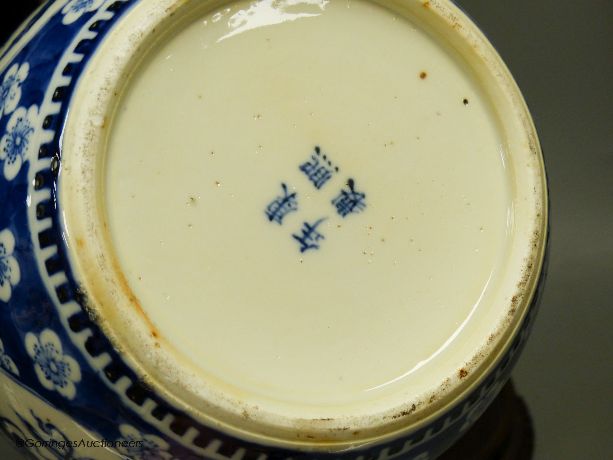 A Chinese blue and white 'Hundred Antiques' jar, Kangxi mark, c.1900